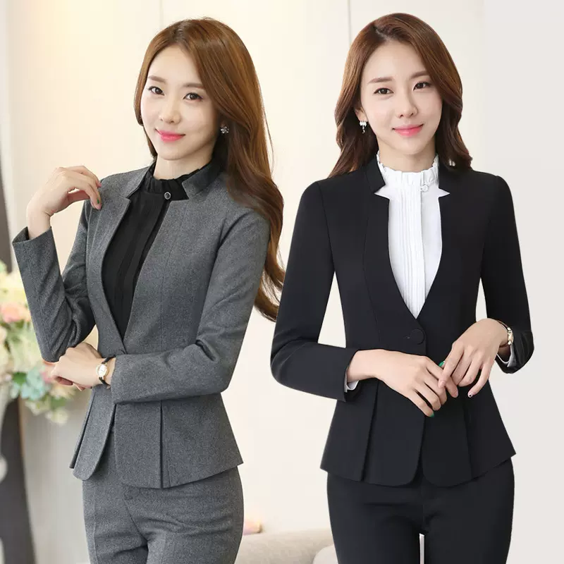 酒店前台文员工作服珠宝店职业装女装套装修身长袖立领小西装秋装