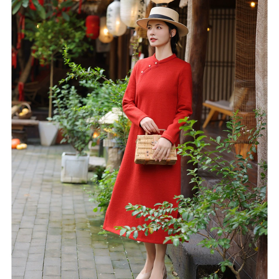 2024 осень и зима новые шерстяные смешанные платья