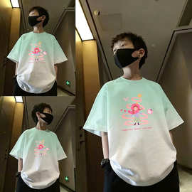 男童夏季衣服中大童短袖T恤外贸潮牌渐变圆领宽松上衣百搭亲子装