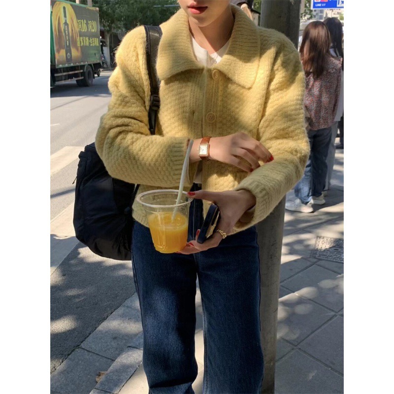 韩国东大门代购韩版好质感加厚毛衣减龄娃娃领口袋开衫单穿上衣