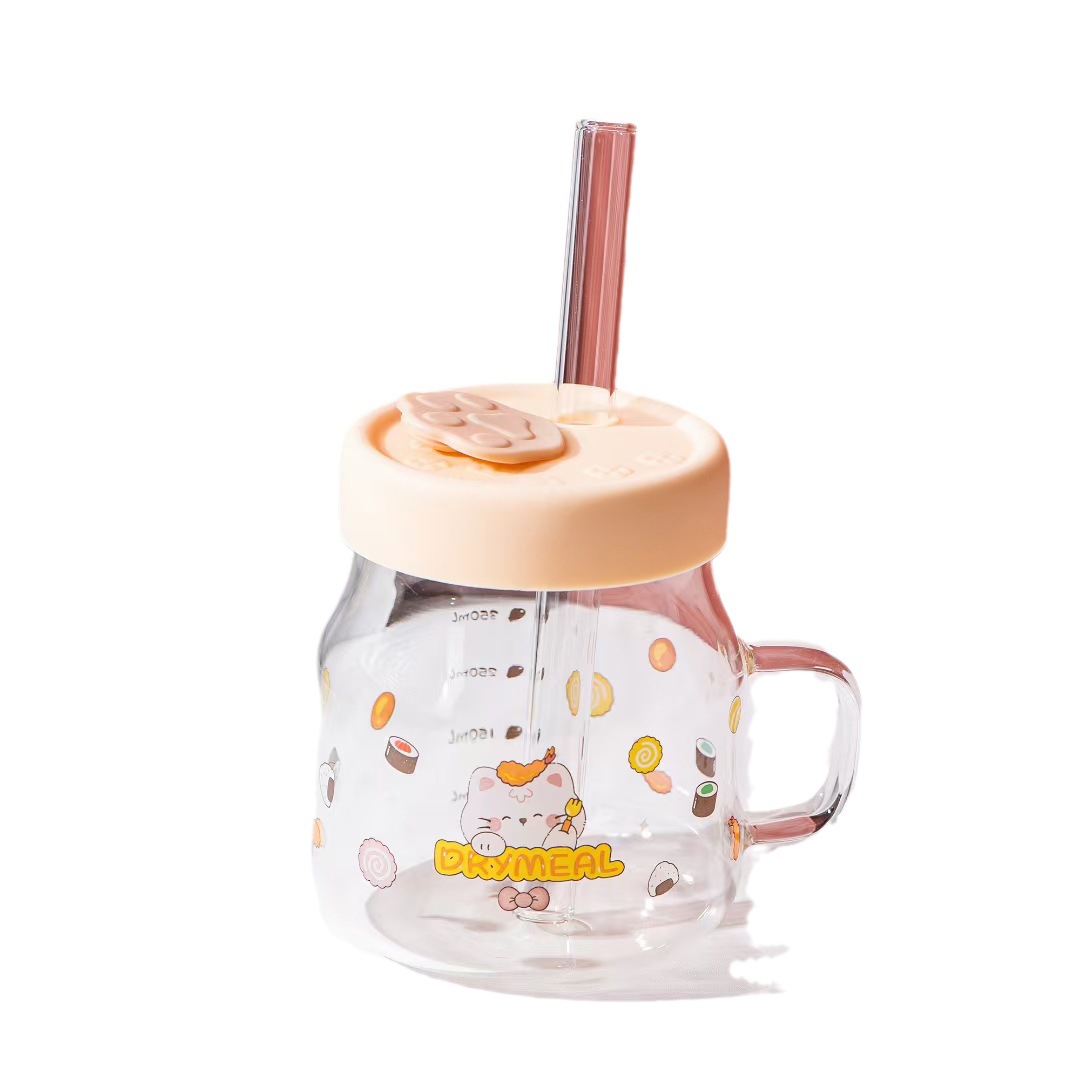 Creativo lindo gato de dibujos animados taza de vidrio transparente Gran taza de paja taza de la escala lindo de alta apariencia Oficina