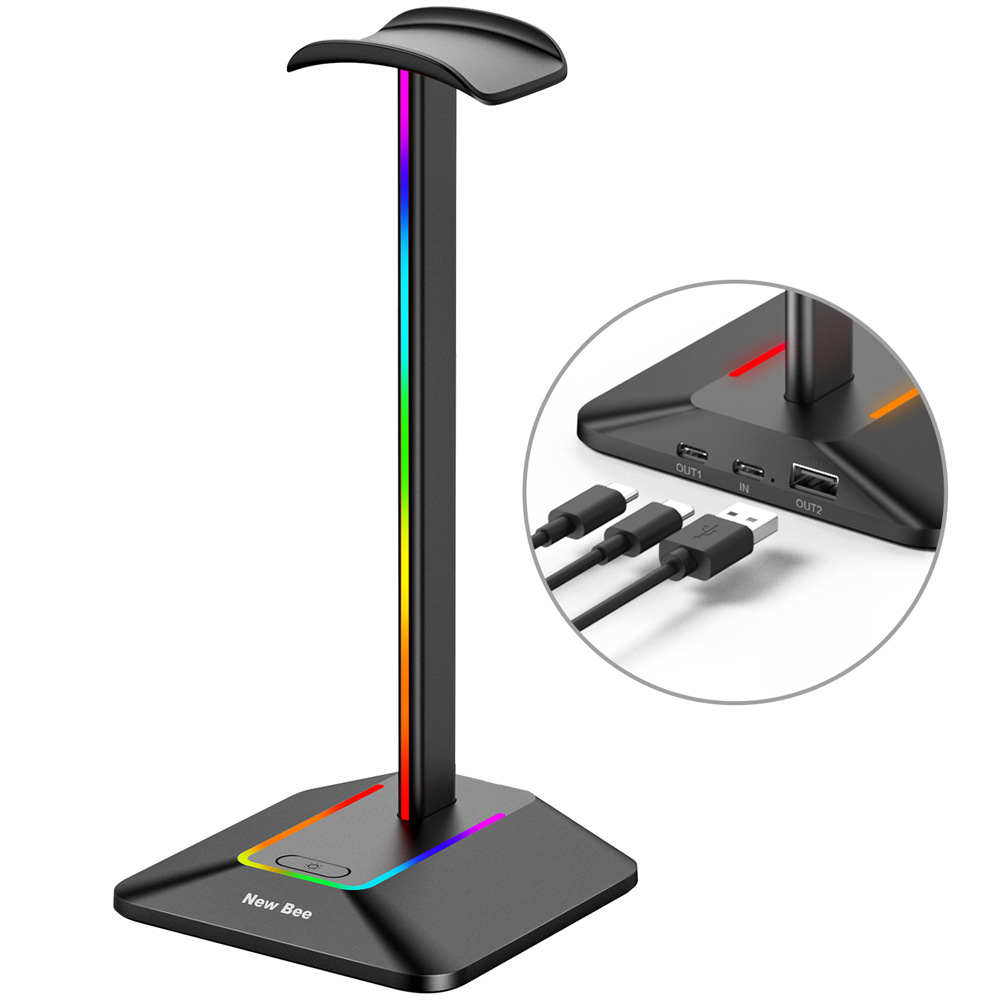 Doble salida colorido auricular pantalla soporte Hub extendido auricular RGB luminoso e-sports soporte de auriculares