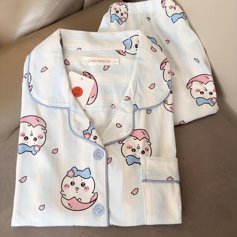 短裤两件套条纹小八睡衣女夏甜美可外穿短袖蓝樱花日家居服日系