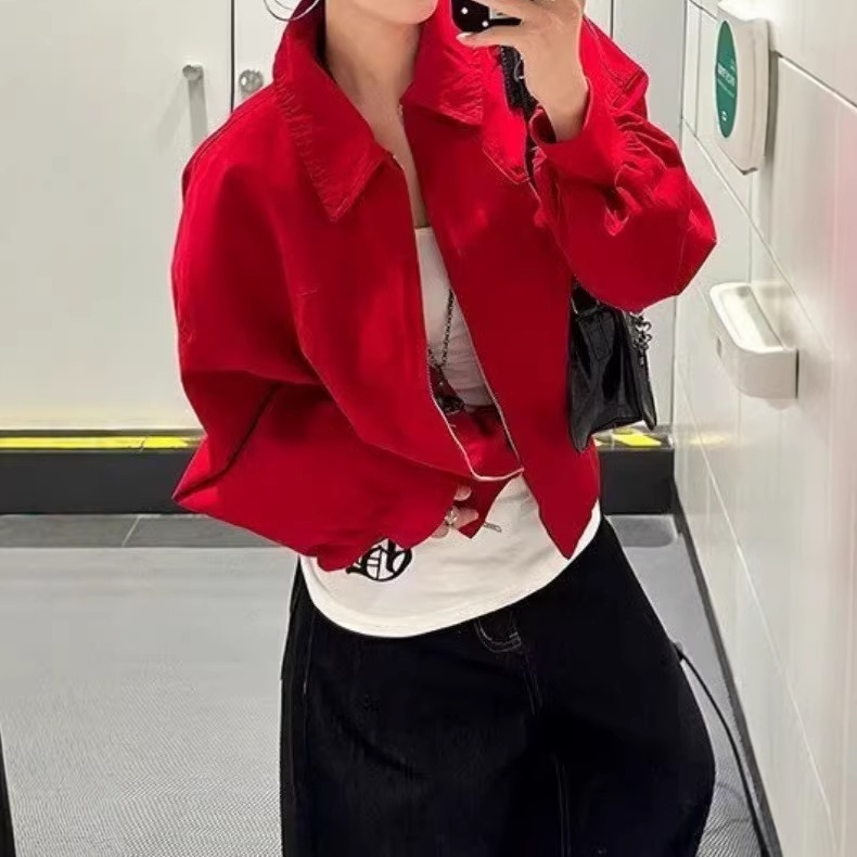 2026 New American Style Red Short Jacket for Women, Chic Design, Unique Early Spring Style, Korean Casual