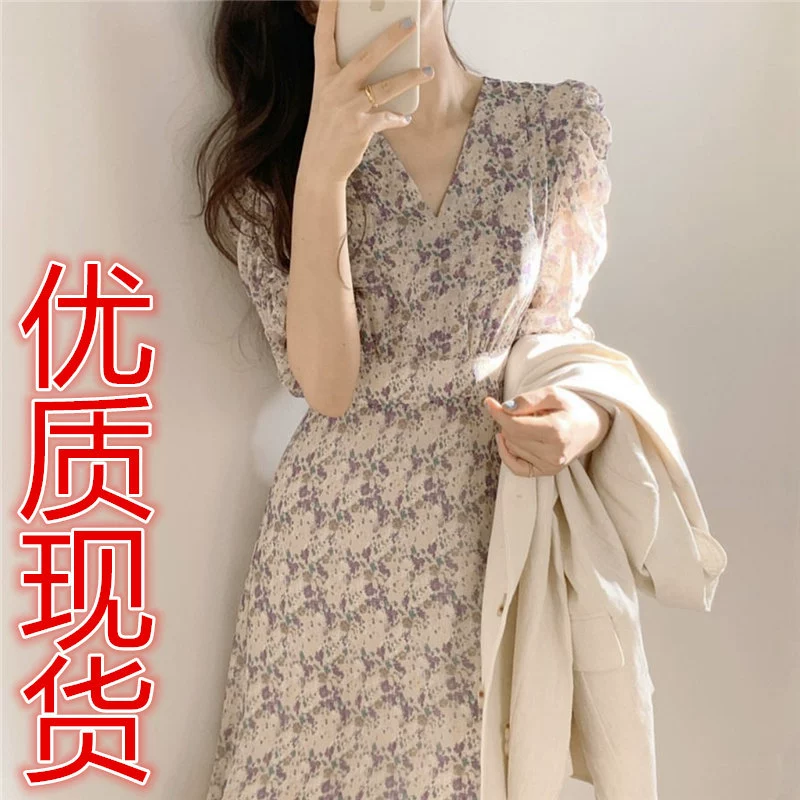 3119 # Корейское стильное французское ретро-платье с цветочным принтом на талии для похудения с v-образным вырезом