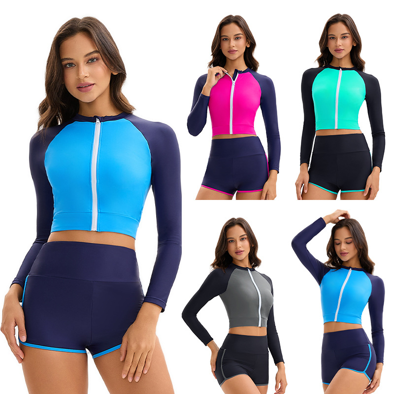 Cross-Border Long-Sleeved Split Boxer Women's Swimsuit Amazon New Wetsuit Conservative Sun Protection High Waist Color Matching Swimsuit