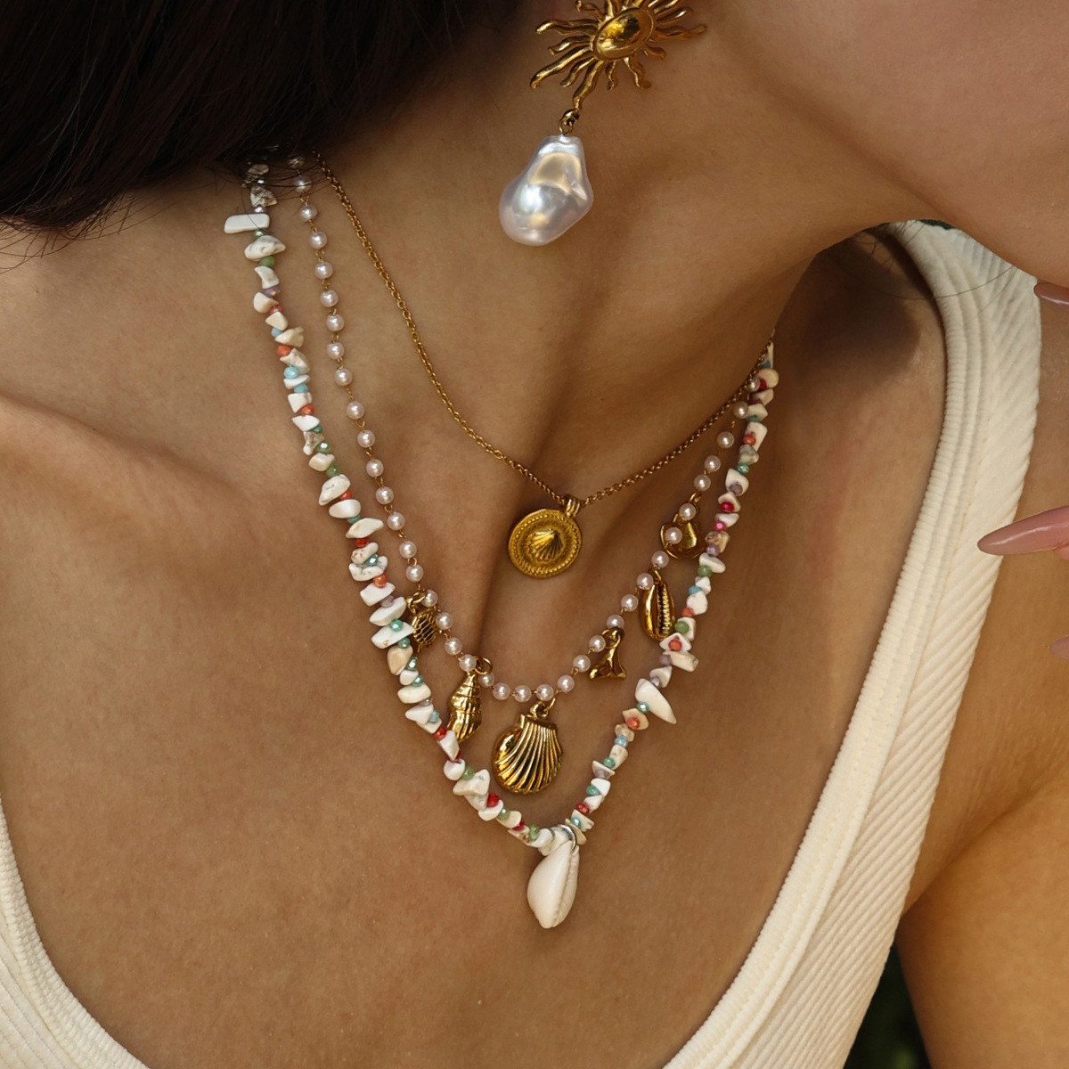 Collar de acero inoxidable TENA Europa y América, moda femenina, collar de colgante de concha natural, ligero, lujoso, popular, venta caliente transfronteriza