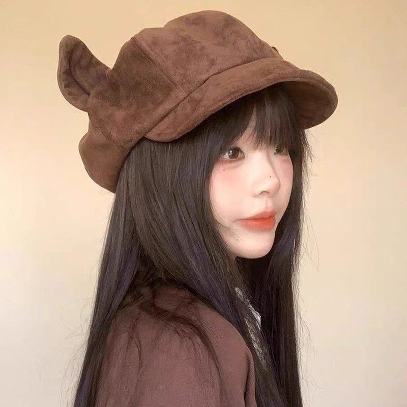 复古麂皮绒猫耳朵贝雷帽子女秋冬季显脸小八角帽休闲百搭画家帽潮|undefined