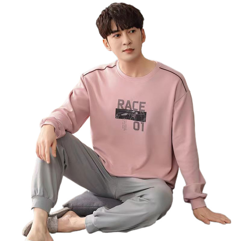 남성용 고급 면 잠옷, 긴팔, 봄, 가을, 청소년, 중년, 대형, 헐렁하고 착용 가능한 면 남성용 가정복