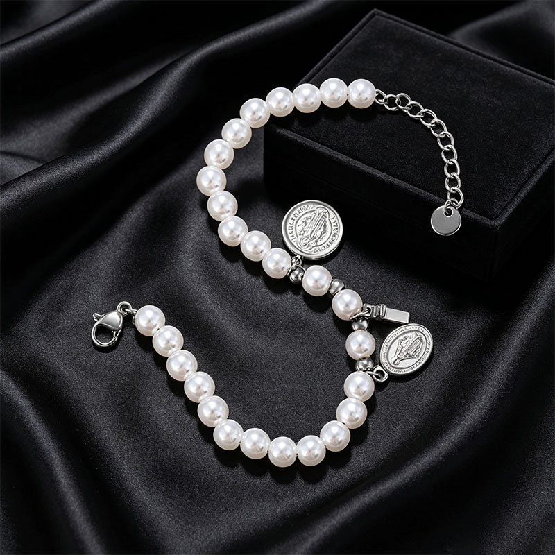 Pulsera de Perlas de Imitación con Dije Redondo de Aleación, Galvanizada, para Mujer