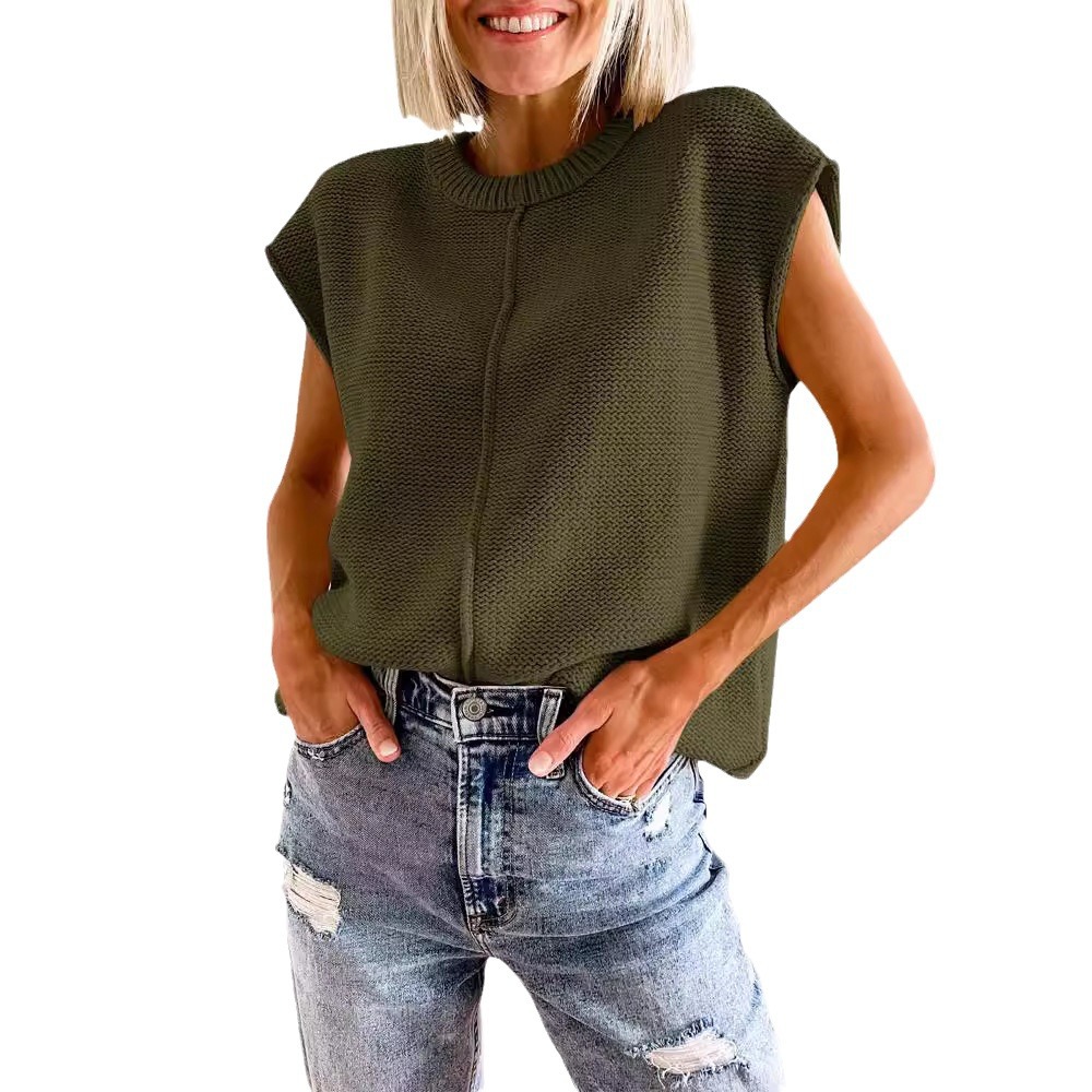 2024 Comercio exterior transfronterizo de Amazon para mujer sin mangas top moda casual cuello redondo suéter de punto suelto mujer