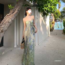 法式吊带连衣裙女夏网纱气质显长款海边度假裙显身材礼服驰