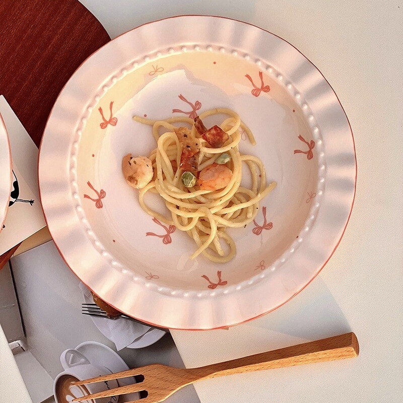 Bow Plate Ceramic Tableware High Temperature Underglaze Color Girly Heart Cute Home Deep Plate Breakfast Plate Dessert Plate
