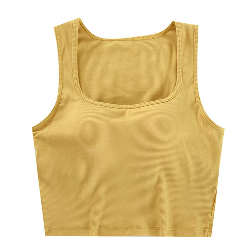 Wide shoulders, square neck, exposed navel, cup all-in-one tank top for women with padded sling, Korean version, sleeveless, beautiful back, high waist inner wear