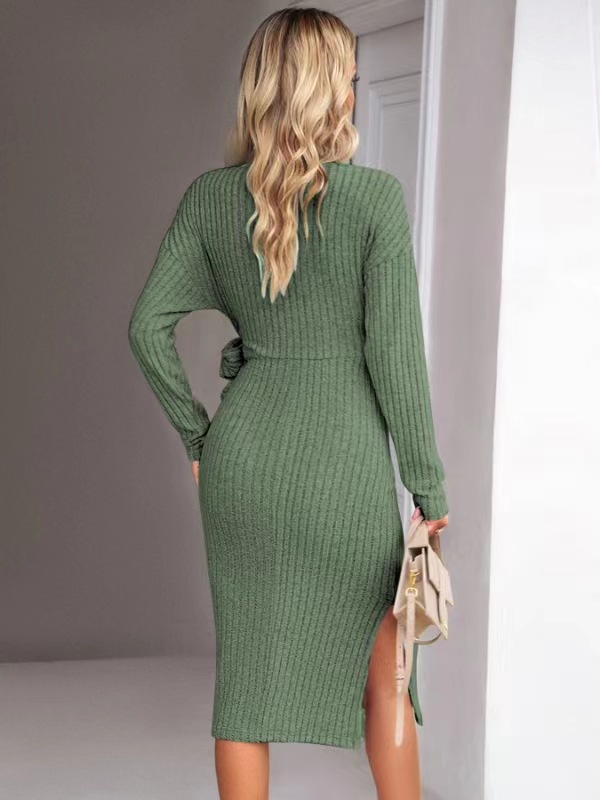 Elegant V-Neck Long Sleeve Wrap Dress With Belt Detail - Stylish Knitted Midi Dress For Women, Office & Evening Wear (Gray, Black, Beige, Ocean Green)_ecoleips.com