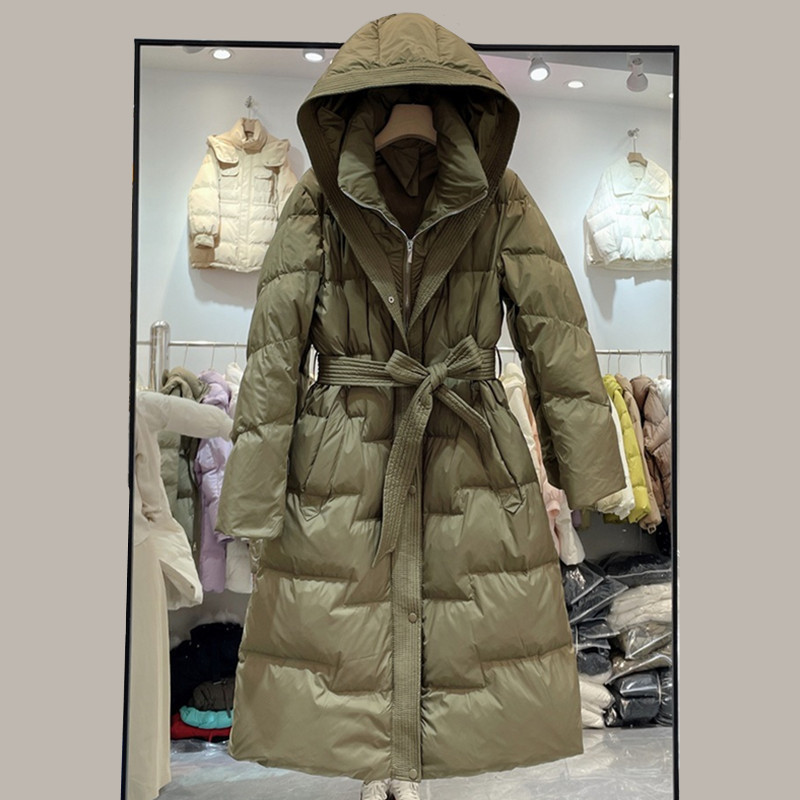 Women's long down jacket with belt, Korean style fashionable over-the-knee slim-fit hooded white duck down jacket, 2023 new winter