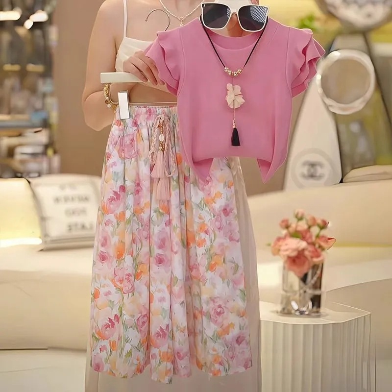 女の子スーツ夏 2025 新しいスタイル子供の小さなフライングスリーブ Tシャツ夏の小さな女の子カジュアルパンツ 2 点セット|undefined