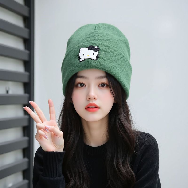 新款kt卡通图案硅胶针织帽可爱时尚猫咪针织帽牢固帽子女款时尚|undefined