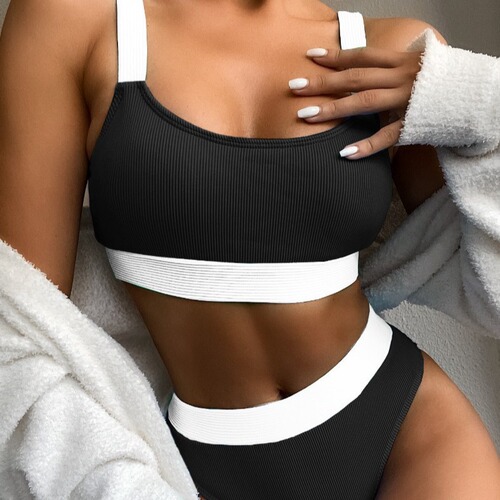 2024 New European and American Style Bikini—Cross-Border Amazon Split Swimsuit, High-Waisted, Tummy-Covering, Solid-Color Bikini for Women, Ideal for International Trade