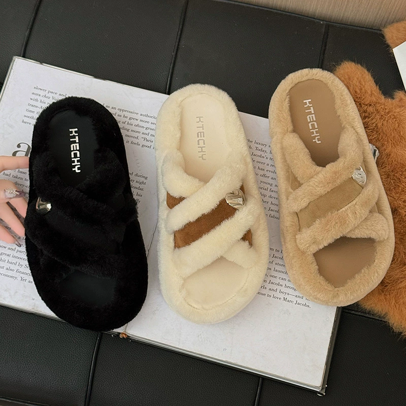 Унисекс тапочки на толстой подошве с мехом, новинка осени-зимы 2025, французский стиль, с пряжкой, на толстой подошве, увеличивающие рост, плюшевые тапочки