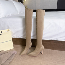 长靴女高个子过膝靴卡其色靴子绒面长筒靴弹力骑士靴高跟靴细跟
