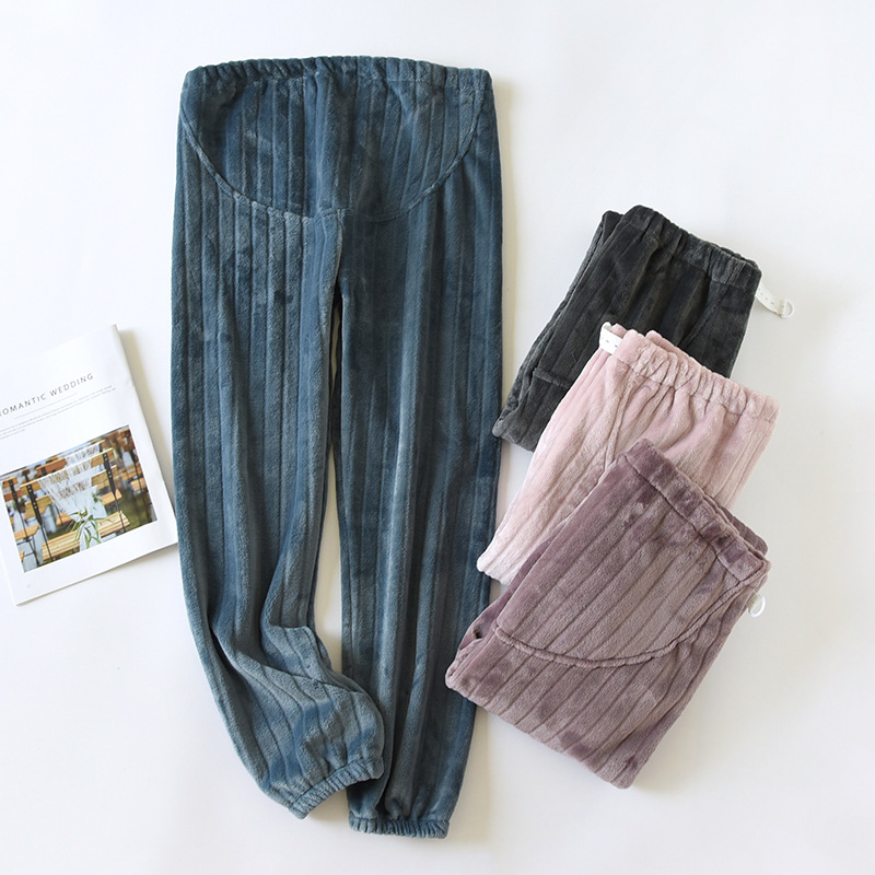 Winter and Spring Pregnant Women's Sleep Pants, Long Pants with Thick and Fleece Coralline Flannel, Pre-pregnancy and Post-pregnancy Adjustable Home Pants