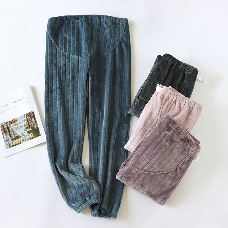 秋冬孕妇睡裤长裤加厚加绒珊瑚绒法兰绒产前产后可调节托腹家居裤