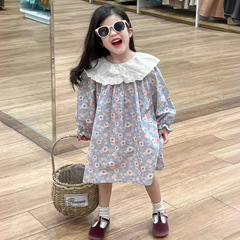 韓國童裝女童連衣裙2024春裝田園風花邊翻領藍花磨毛長袖公主裙子