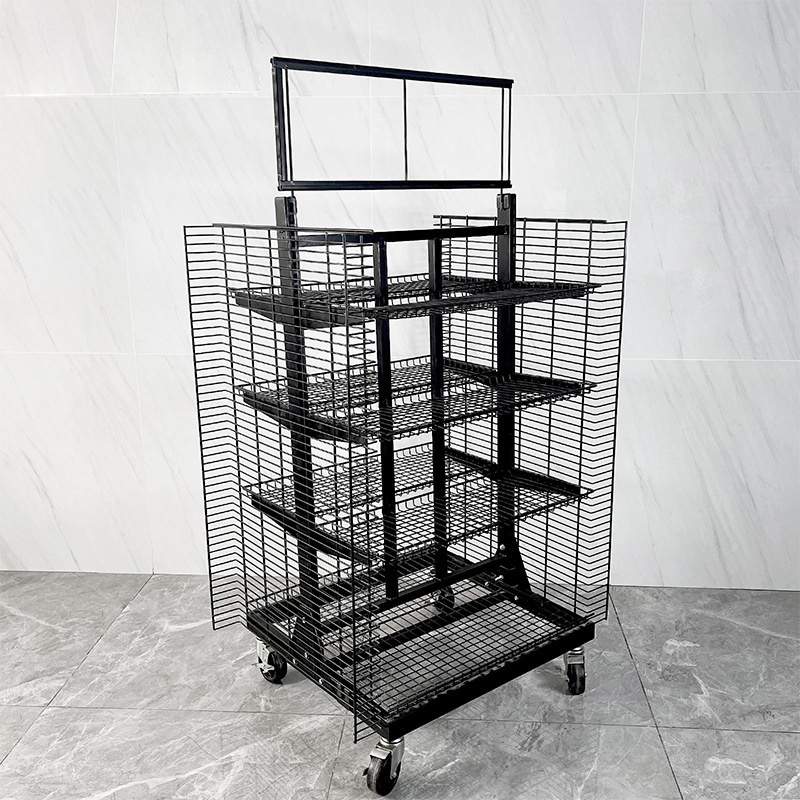 超市货架商场货架带轮子可移动货架展示收纳架黑色喷塑挂钩网片