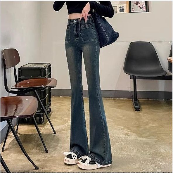 水泥灰微喇牛仔裤女高腰2025秋冬季弹力加绒加厚修身拖地喇叭裤女|undefined