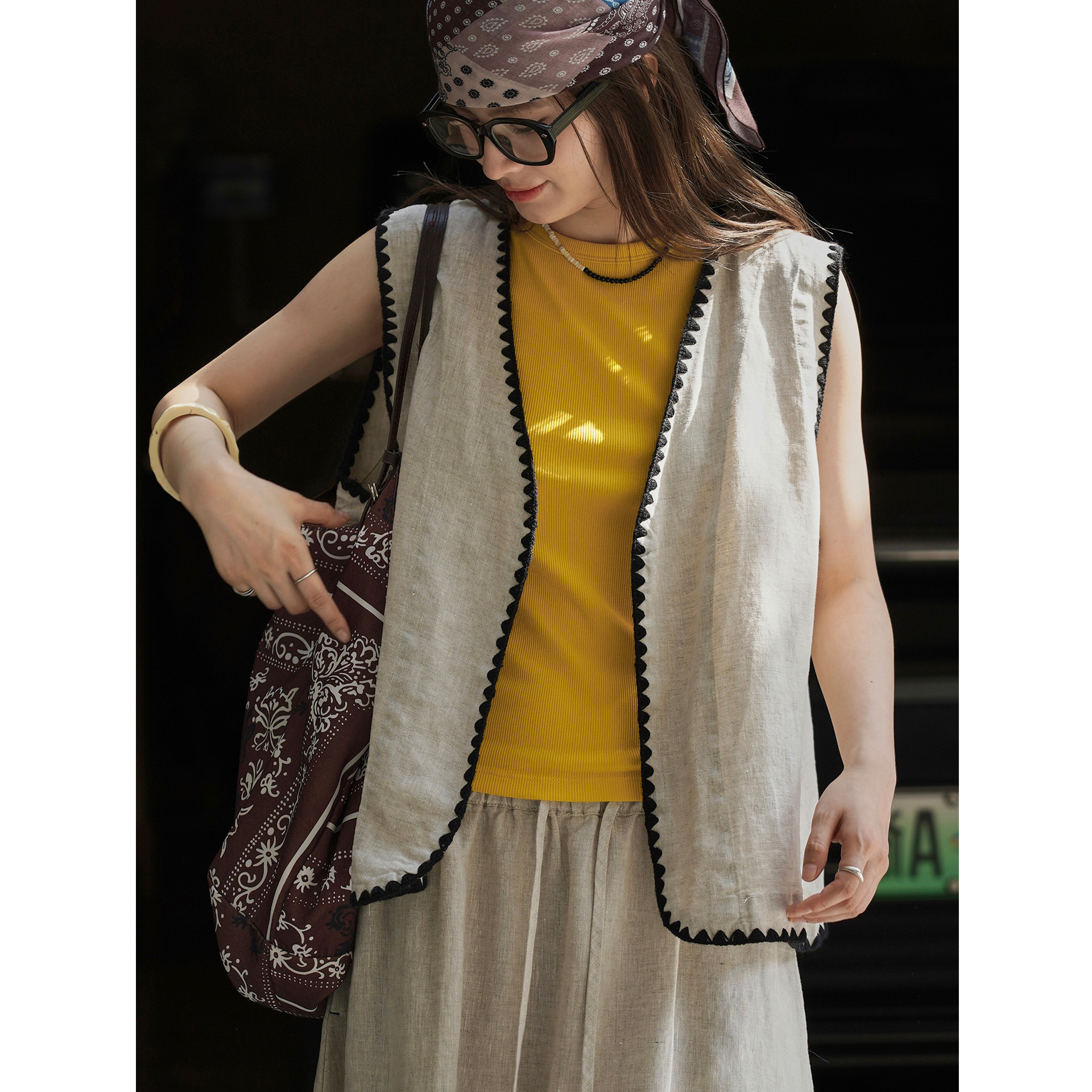 Louvre Summer New Japanese-Style Artistic V-Neck Patterned Woven Hemp Cardigan Vest Dry Breathable Top for Women