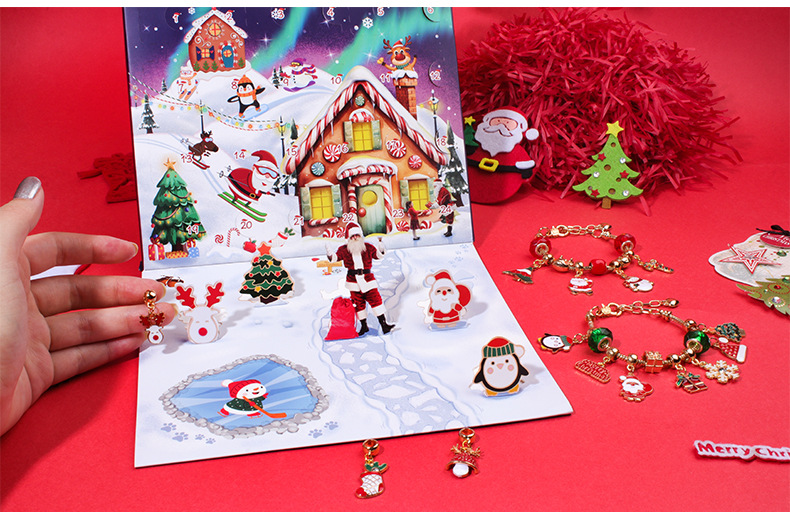 Weihnachtsschmuckherstellung, handgefertigtes DIY-Perlenarmband-Set für Kinder, 24-Raster, Weihnachts-Countdown-Blindbox, Armband, Schmuck-Geschenkbox_voghion.com