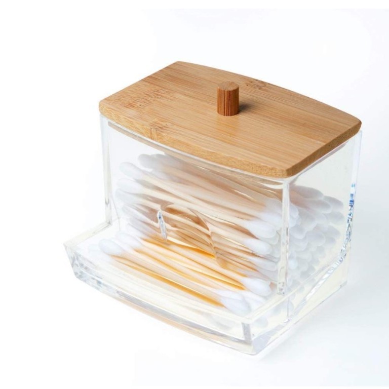 Bambú cubierta de algodón hisopo caja de almacenamiento removedor de maquillaje caja de algodón baño transparente superposición tanque de almacenamiento acrílico bola de algodón caja de polvo