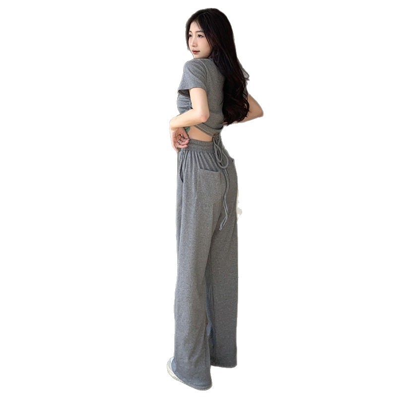 Women's Clothing Style Women's Two Piece Set Casual Gray Summer Top And Wide Leg Trousers Drawstring Tie Short Sleeved Outfit_ecoleips.com