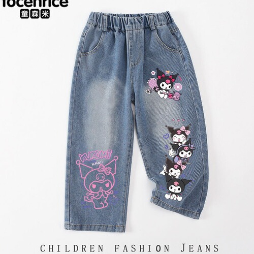Kurumi Melody Children's Denim Jeans with Apple Dog Design for Girls, Spring and Autumn Straight Leg Pants, Casual and Trendy