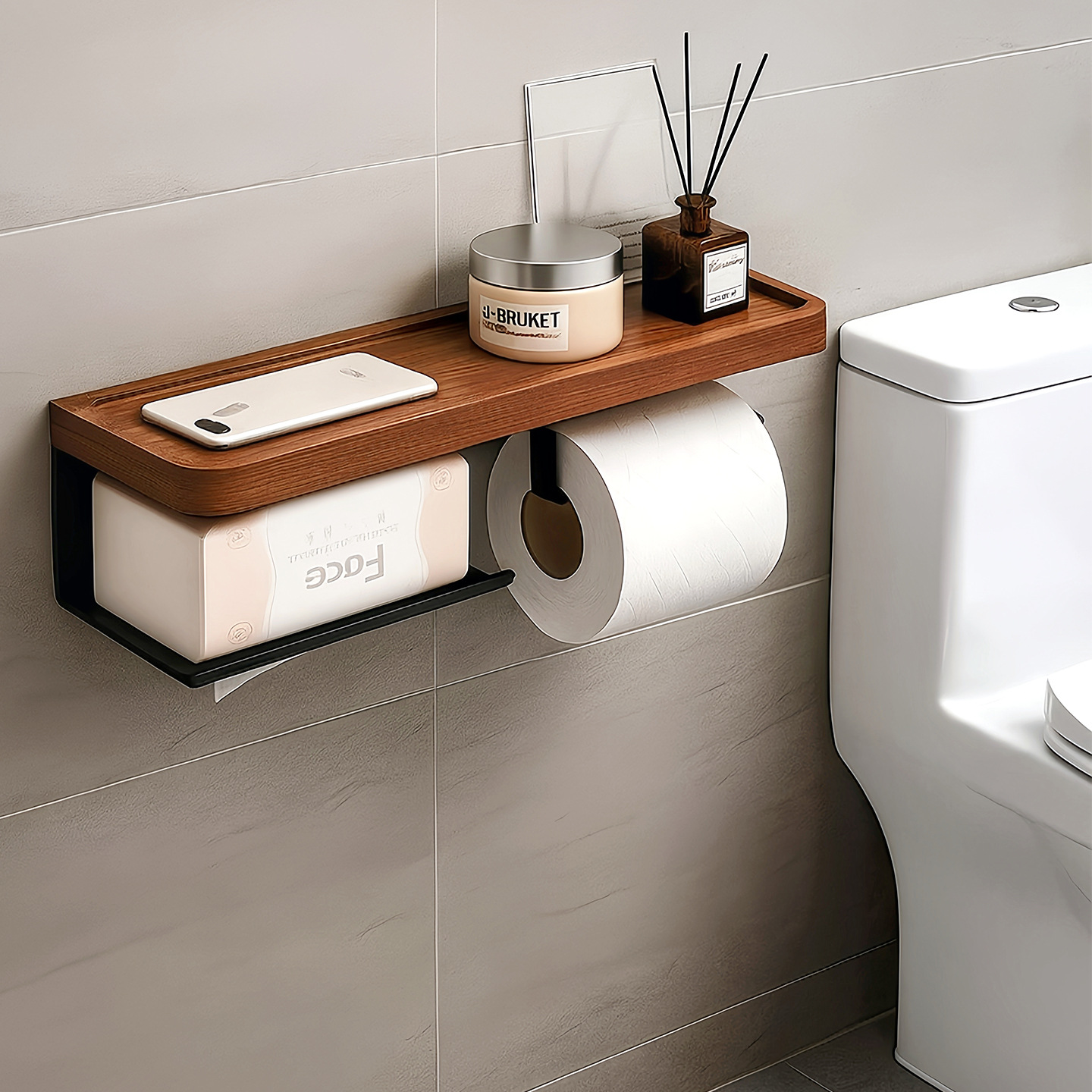 Baño de madera sólida colgada en la pared sin perforación de inodoro estante de papel de rollo de baño estante de almacenamiento de fragrancia de teléfono móvil caja de extracción de inodoro