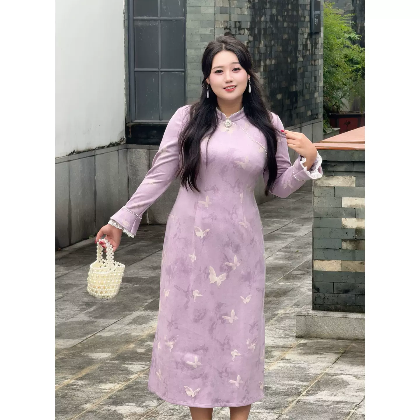51906/52013紫色优雅年轻款2025秋冬新款修身显瘦新中式大码旗袍