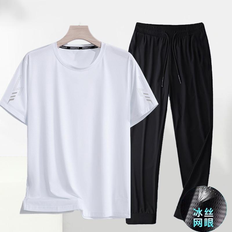 Men's quick-drying sportswear set, summer thin stretch running and fitness quick-drying shirt, men's ice silk mesh short-sleeved shirt and trousers