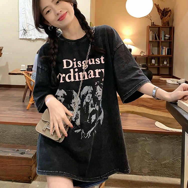 Harajuku style street student washed distressed American retro band Black short sleeve T-shirt female ins trendy round neck top