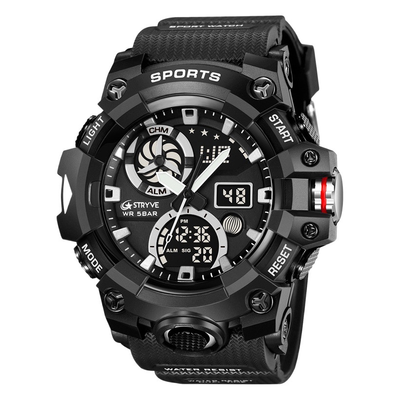 Nuevos hombres deportes reloj electrónico stryve 8027 doble pantalla luminosa tiempo alarma reloj cronómetro pantalla digital Reloj de pulsera