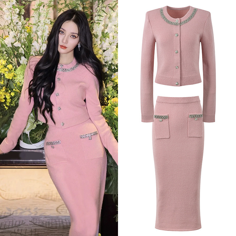 2025 Autumn New French Style Socialite Chic Rhinestone-Embellished Short Pink Cardigan + Skirt Set