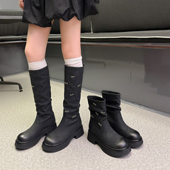 2025新款字母长筒靴女烟筒靴洋气瘦瘦短靴小个子厚底棕色马丁靴女