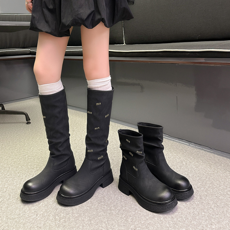 2025新款字母长筒靴女烟筒靴洋气瘦瘦短靴小个子厚底棕色马丁靴女|undefined