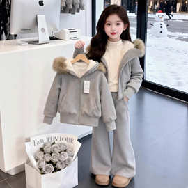 女童冬装一体绒加厚连帽外套长裤两件套2025新款中大童韩版套装潮