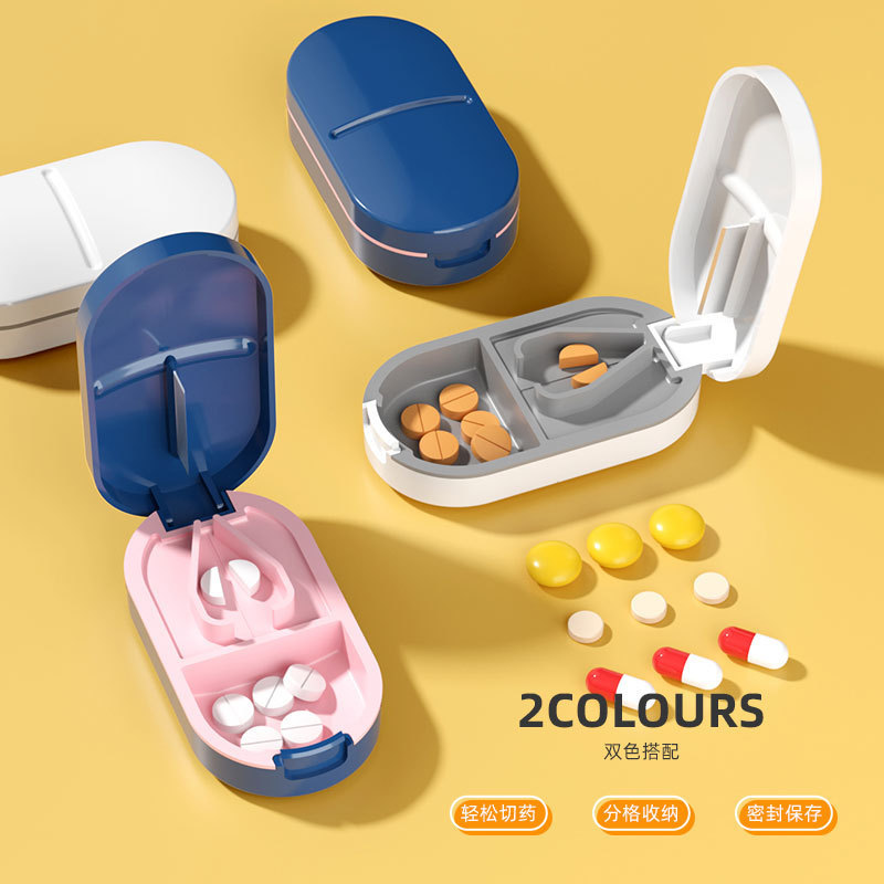 Portable small pill box, portable mini pill container, sealing pill dispenser, medicine cutter