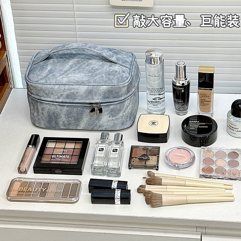 Nueva bolsa de maquillaje denim de alto rendimiento viaje multifuncional bolsa de lavado portátil de gran capacidad bolsa de almacenamiento de maquillaje