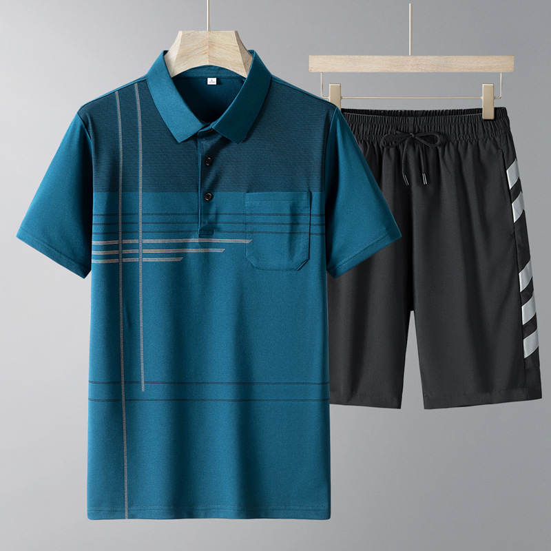Trajes casuales de mediana edad para hombres, pantalones cortos de manga corta sueltos de verano, papá con seda de hielo, nuevo juego deportivo de dos piezas para hombres