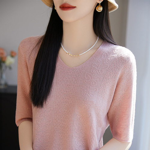 Simple Elegance Half-Sleeve Top for Women - Spring and Summer New Arrival Knit T-Shirt Style Loose and Slimming V-Neck Basic Tee - Versatile Matching