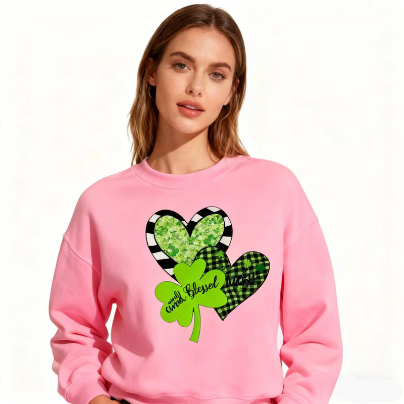 Lucky Clover Heart Print Sweatshirt Foreign Trade Temu European and American Autumn and Winter Hot Selling New St. Patrick's Day