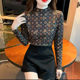 轻奢精品女装直播款2023秋季新款时尚半高领印花烫钻内搭打底衫潮